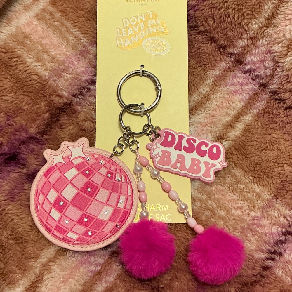 Keychain Retro DISCO BABY Pink Pom Pom Bag Charm.